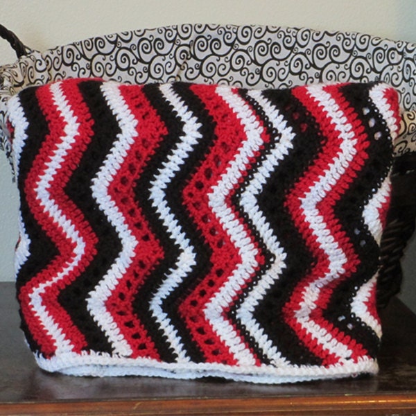 Handmade Crochet Chevron Afghan, Red Black White Throw Blanket - 4x6 - image 1