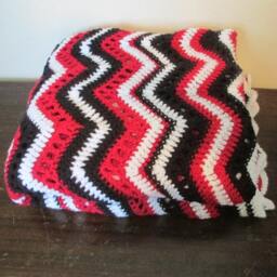 Handmade Crochet Chevron Afghan, Red Black White Throw Blanket - 4x6 - thumbnail 2