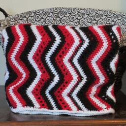 Handmade Crochet Chevron Afghan, Red Black White Throw Blanket - 4x6 - thumbnail 1