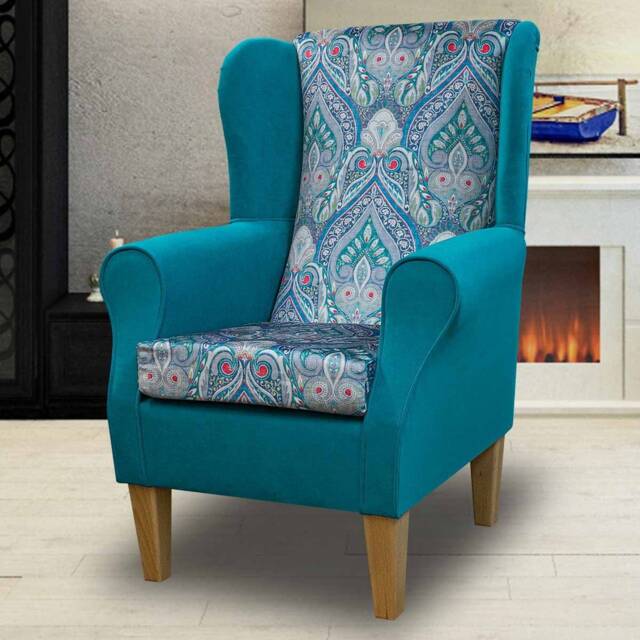 Medallion & Azure Velvet Handmade Wingback Armchair - Fireside Accent Upholstered Chair British Custom Made - image 1