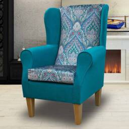 Medallion & Azure Velvet Handmade Wingback Armchair - Fireside Accent Upholstered Chair British Custom Made - thumbnail 1