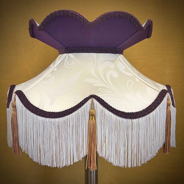 Handmade Victorian Lampshade Purple Floral Fabric With Cream Fringe - image 1