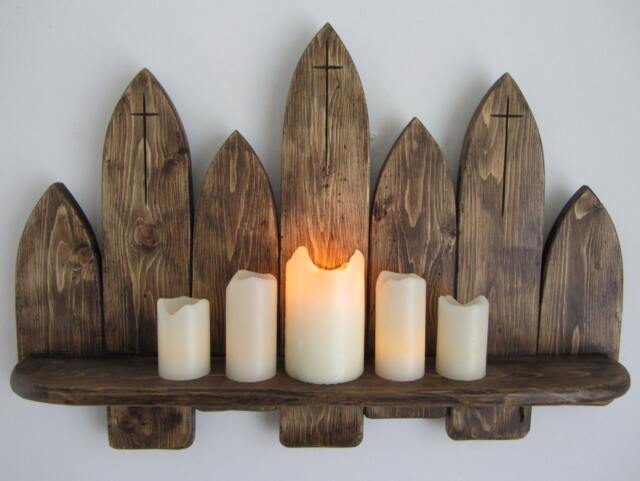 64 cm Gothic Arch Floating Shelf Graveyard Style Tombstones Led Candle Holder With Carved Crucifix/Trinket Halloween Gift - image 1