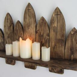 64 cm Gothic Arch Floating Shelf Graveyard Style Tombstones Led Candle Holder With Carved Crucifix/Trinket Halloween Gift - thumbnail 2