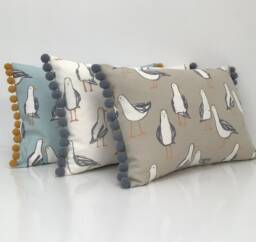 Seagull Cushion Bolster Cover Nautical Fabric With Pom Trim - thumbnail 1