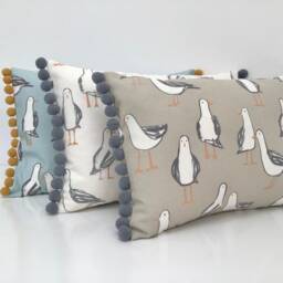 Seagull Cushion Bolster Cover Nautical Fabric With Pom Trim - thumbnail 3