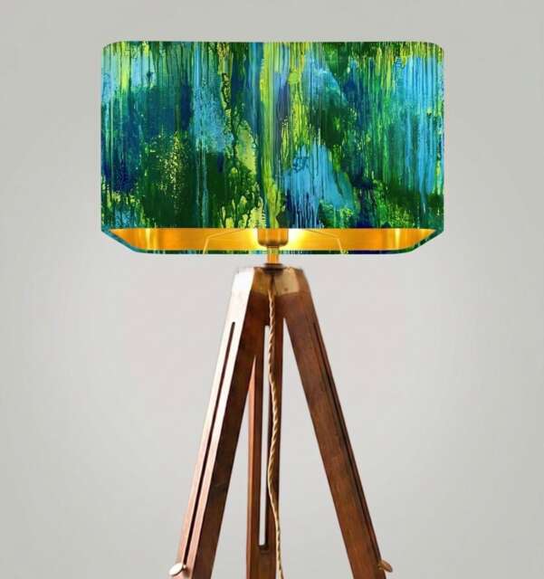 Handmade By Order Luxurious Abstract Blue Yellow Green Water Paint Art Rounded Rectangular Velvet Lamp Shade Pendant Light - image 1