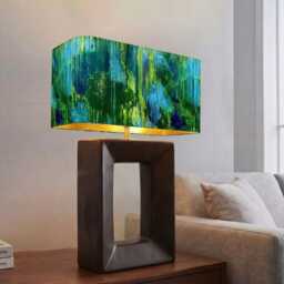 Handmade By Order Luxurious Abstract Blue Yellow Green Water Paint Art Rounded Rectangular Velvet Lamp Shade Pendant Light - thumbnail 2