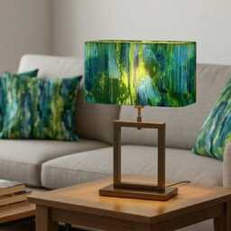 Handmade By Order Luxurious Abstract Blue Yellow Green Water Paint Art Rounded Rectangular Velvet Lamp Shade Pendant Light - thumbnail 3