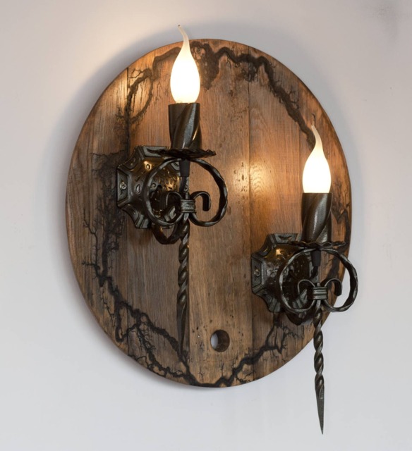 Wrought Iron & Wood Wall Light - Double Sconce Rustic Fixture Barrel Lighting - image 1