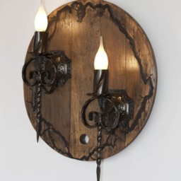Wrought Iron & Wood Wall Light - Double Sconce Rustic Fixture Barrel Lighting - thumbnail 3