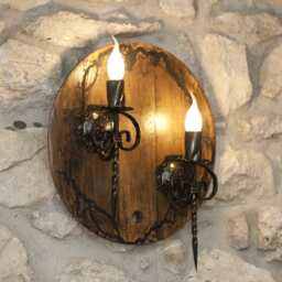Wrought Iron & Wood Wall Light - Double Sconce Rustic Fixture Barrel Lighting - thumbnail 4