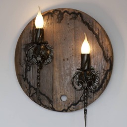 Wrought Iron & Wood Wall Light - Double Sconce Rustic Fixture Barrel Lighting - thumbnail 2