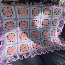 Crochet Rose Blanket Pink, Lavender Baby Girl Afghan With Ribbon - thumbnail 2