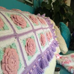 Crochet Rose Blanket Pink, Lavender Baby Girl Afghan With Ribbon - thumbnail 3