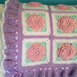 Crochet Rose Blanket Pink, Lavender Baby Girl Afghan With Ribbon - thumbnail 4