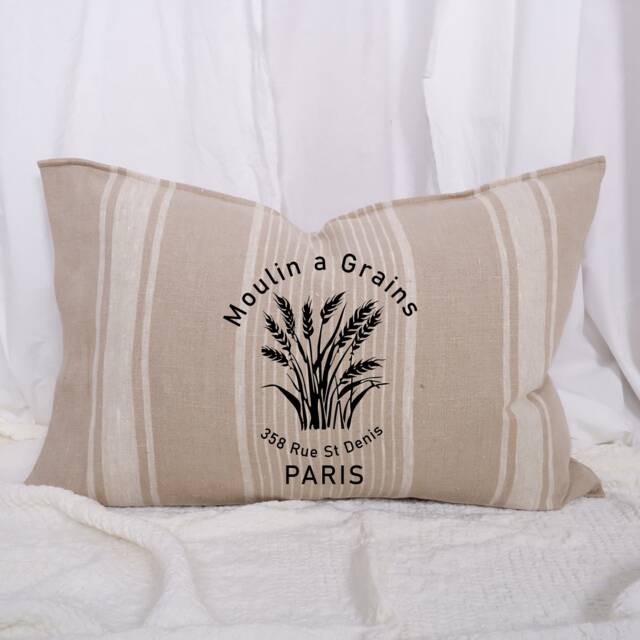 Striped Linen Pillowcase in French Country Style With Moulin A Grains Print, French Vintage Cottage Farmhouse Grainsack Cushion Cover - image 1
