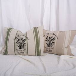 Striped Linen Pillowcase in French Country Style With Moulin A Grains Print, French Vintage Cottage Farmhouse Grainsack Cushion Cover - thumbnail 2