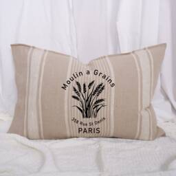 Striped Linen Pillowcase in French Country Style With Moulin A Grains Print, French Vintage Cottage Farmhouse Grainsack Cushion Cover - thumbnail 1