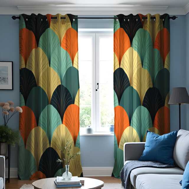 Retro Leaf Print Curtains, Colorful Geometric Drapes, Modern Boho Window Treatments, Living Room & Kitchen Custom Curtain Panels - image 1