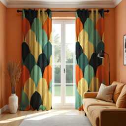 Retro Leaf Print Curtains, Colorful Geometric Drapes, Modern Boho Window Treatments, Living Room & Kitchen Custom Curtain Panels - thumbnail 2