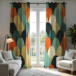 Retro Leaf Print Curtains, Colorful Geometric Drapes, Modern Boho Window Treatments, Living Room & Kitchen Custom Curtain Panels - thumbnail 3