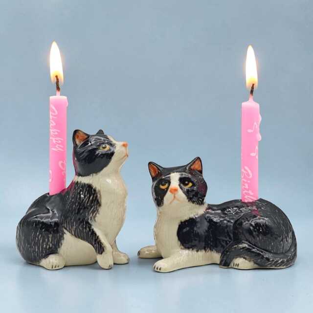 Cat Candle Holder Ceramic - Hand-Painted Tuxedo Figurines - image 1