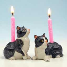 Cat Candle Holder Ceramic - Hand-Painted Tuxedo Figurines - thumbnail 2