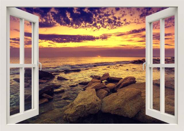 Sea Wall Decal Mural, Sunset Rocks & Clouds Decal, Nature Sticker, 3D Window View, Living Room Bedroom Home Decor