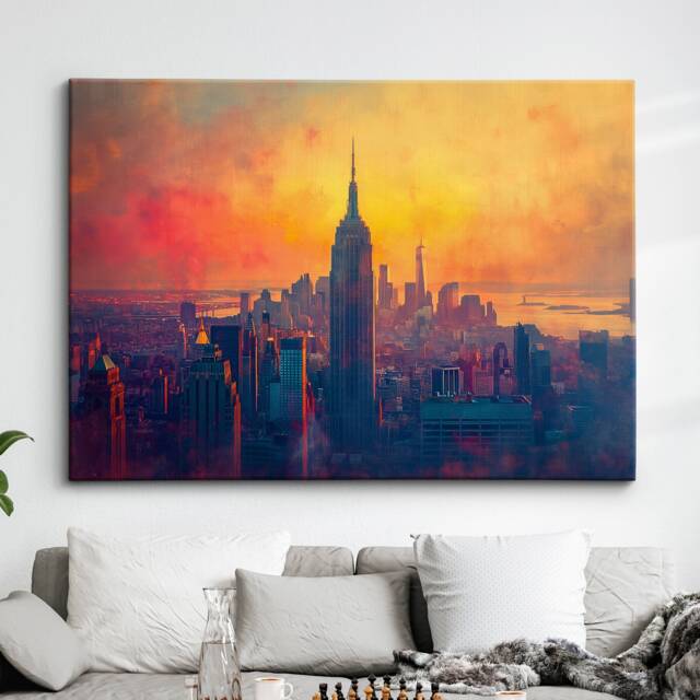 New York City Skyline Sunset America Landmark Oil Painting Style Wall Art Framed Calming Canvas Poster Print Home/Office Room Decor Gifts - image 1