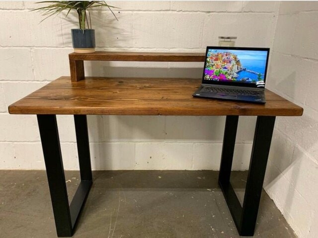 Rustic Computer Desk Reclaimed Wood With Shelf, Black Industrial Legs - image 1