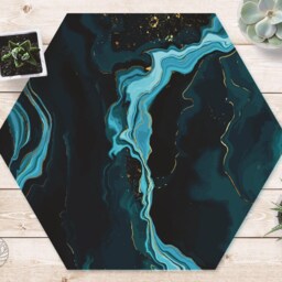 Blue Marble Gold Imitation #1 - Hexagon Mat Indigo, Sky Blue, Granite, Bohemian, Living Room Mat, Tile PVC Raw Rug, Botanical Carpet - thumbnail 2