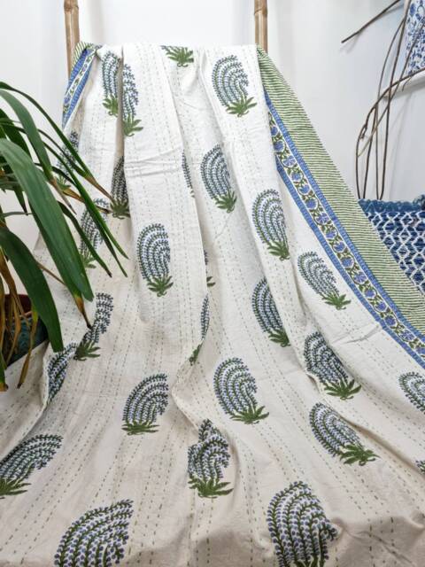 Kantha Stitch Patchwork Pure Cotton Reversible Bed Sofa Kids Room Throw Single Twin Dohar Floral Elegant Pastel White Green Blue Stripe - image 1