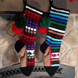 Hand Knit Christmas Stocking Stained Glass Style Multi Blue Green Brown White With Red Heart Detail - thumbnail 3