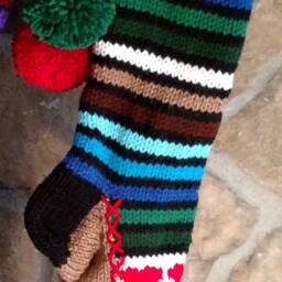 Hand Knit Christmas Stocking Stained Glass Style Multi Blue Green Brown White With Red Heart Detail - thumbnail 2