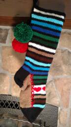 Hand Knit Christmas Stocking Stained Glass Style Multi Blue Green Brown White With Red Heart Detail