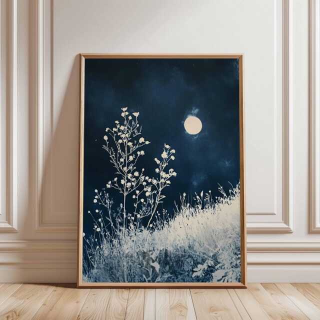 Moonlit Meadow Wall Art, Minimal Japanese Indigo Print, Botanical Night Scene Poster For Calm Modern Decor