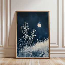 Moonlit Meadow Wall Art, Minimal Japanese Indigo Print, Botanical Night Scene Poster For Calm Modern Decor - thumbnail 1