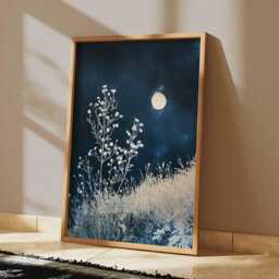 Moonlit Meadow Wall Art, Minimal Japanese Indigo Print, Botanical Night Scene Poster For Calm Modern Decor - thumbnail 2