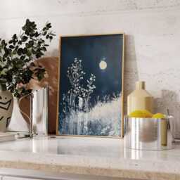 Moonlit Meadow Wall Art, Minimal Japanese Indigo Print, Botanical Night Scene Poster For Calm Modern Decor - thumbnail 3