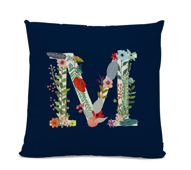 Initial Pillow - Floral Letter With M Monogrammed Custom Throw Flower Monogram