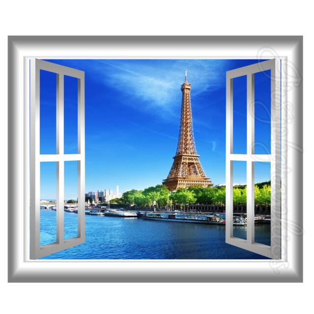 Window Frame Wall Decal - Eiffel Tower Paris France 3D Art Peel & Stick Home Decor Sticker Vwaq-Gj12