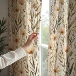 Neutral Floral Curtains, Botanical Pattern Drapes, Beige Tones Custom Window Panels For Modern Living Room & Bedroom - thumbnail 4