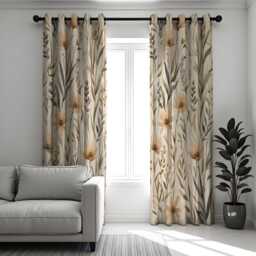 Neutral Floral Curtains, Botanical Pattern Drapes, Beige Tones Custom Window Panels For Modern Living Room & Bedroom - thumbnail 3