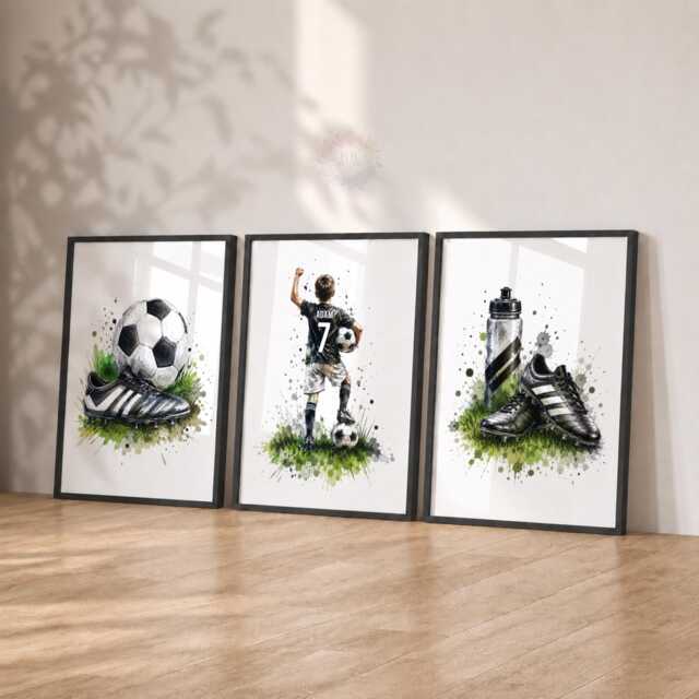 Boys Football Print Set - Personalised Kids Bedroom Decor, Soccer Wall Art Of 3 - image 1