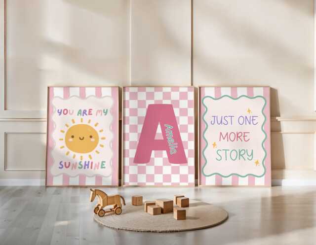 Childrens Room Prints/Just One More Story Pastel Pink Name Print You Are My Sunshine Set Of 3 Prints - image 1