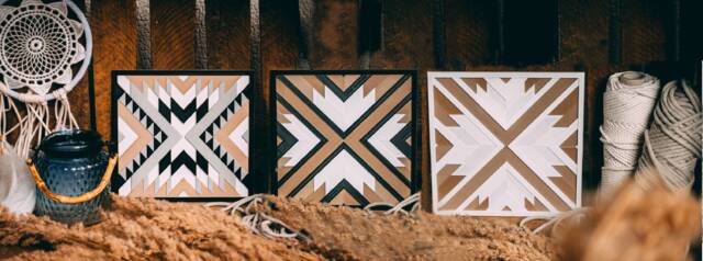Set Of 3 - Geometric Wood Wall Art Mosaic Boho Decor Wooden Tray Modern Farmhouse Decor Coasters - image 1
