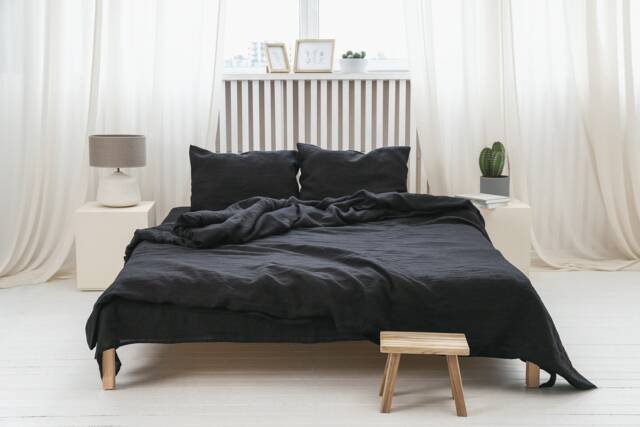 Black Linen Bedding Set Duvet Cover & Pillowcases, Stonewashed Valentines Day Gift - image 1