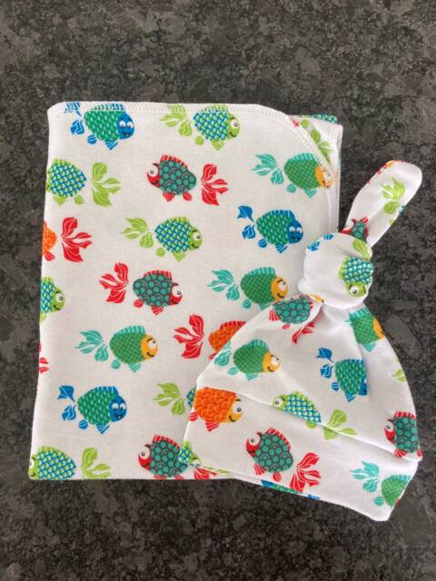 Fish Swaddle Blanket & Newborn Hat Set. Gender Neutral Coming Home Baby Shower Gift. Photo Prop - image 1