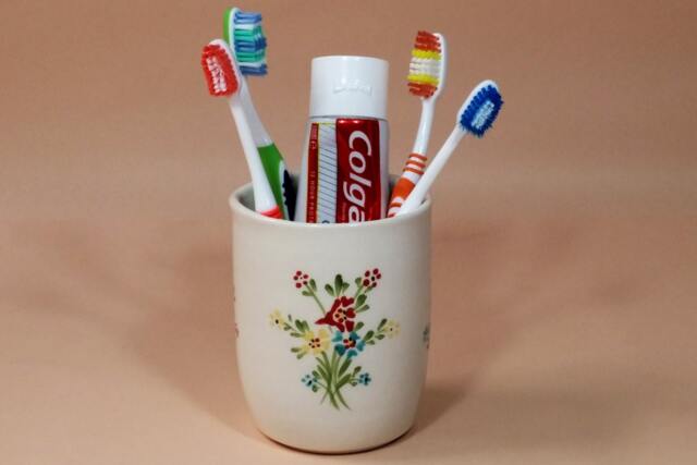 Handmade Ceramic Toothbrush Holder Retro Red Floral Bathroom Decor - image 1